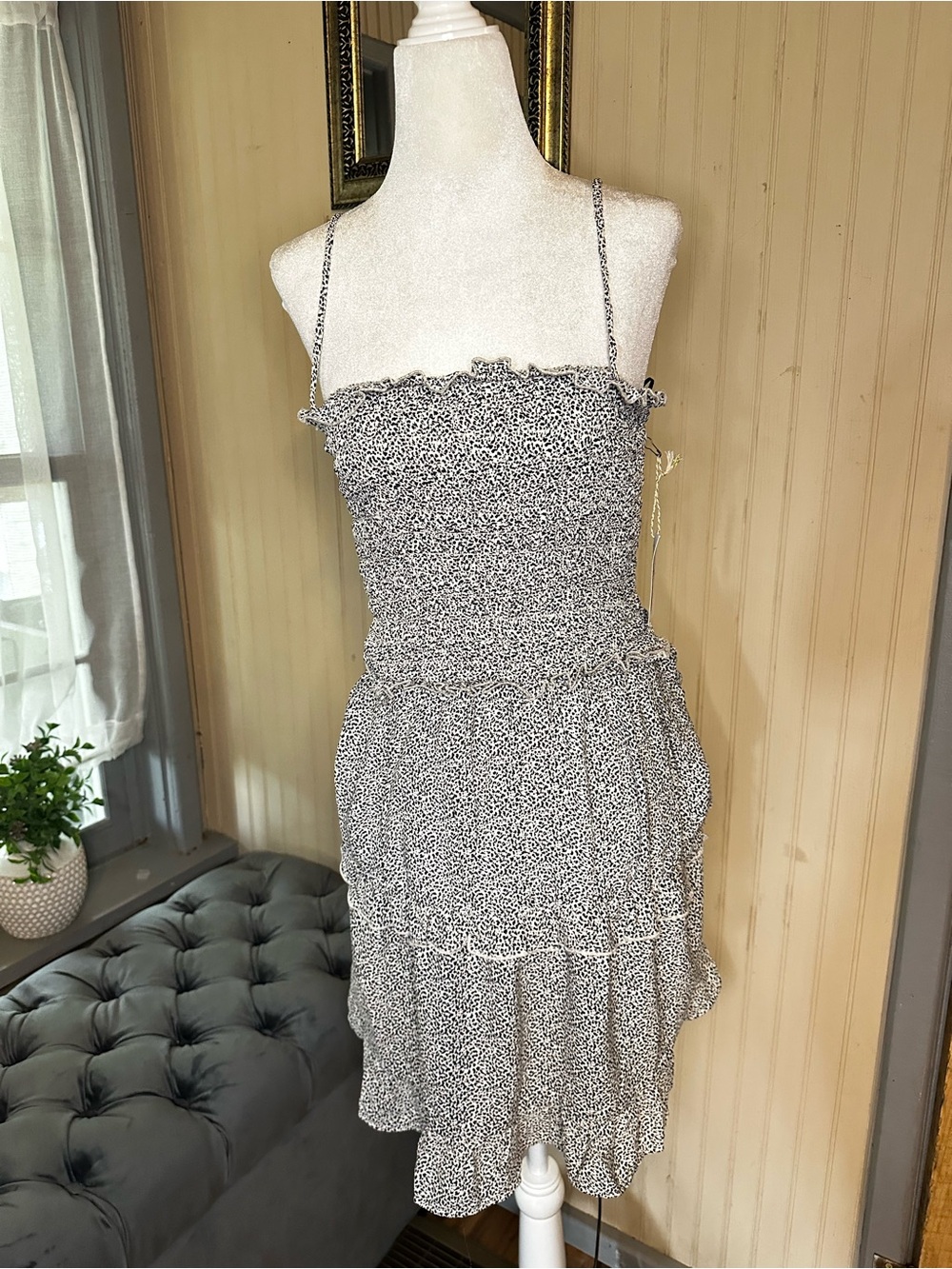Jessica Simpson NWT Smocked Tiered Mini Dress Small Gray Black Animal Print